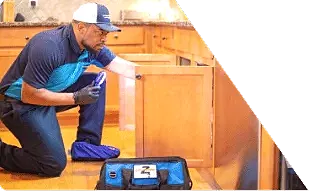 Z PLUMBERS worker kneeling and shining light under cabinet