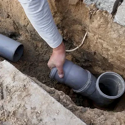 Hand holding on to sewer junction pipe