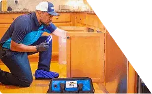 Z PLUMBERS worker kneeling and shining light under cabinet