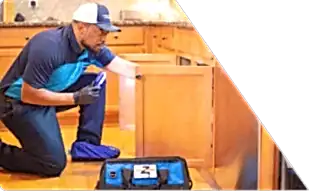 Z PLUMBERS worker kneeling and shining light under cabinet