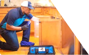 Z PLUMBERS worker kneeling and shining light under cabinet