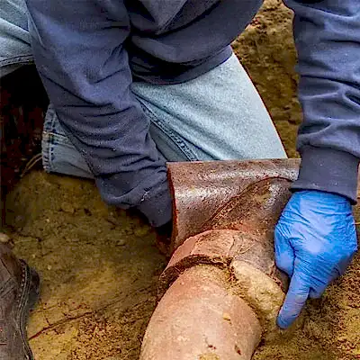 Worker inspecting sewer pipe