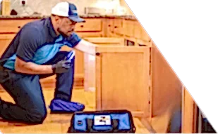 Z PLUMBERS worker kneeling and shining light under cabinet