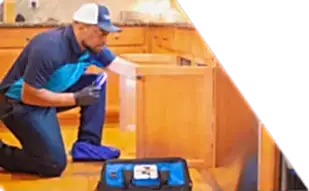 Z PLUMBERS worker kneeling and shining light under cabinet