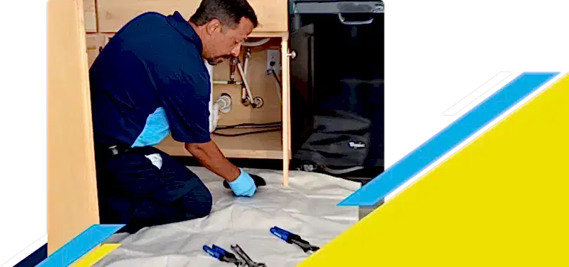 Z PLUMBERZ of North America technician inspecting pipes under kitchen sink
