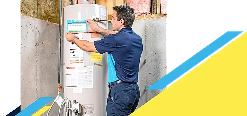 Z PLUMBERZ of Bergen technician placing label on a water heater